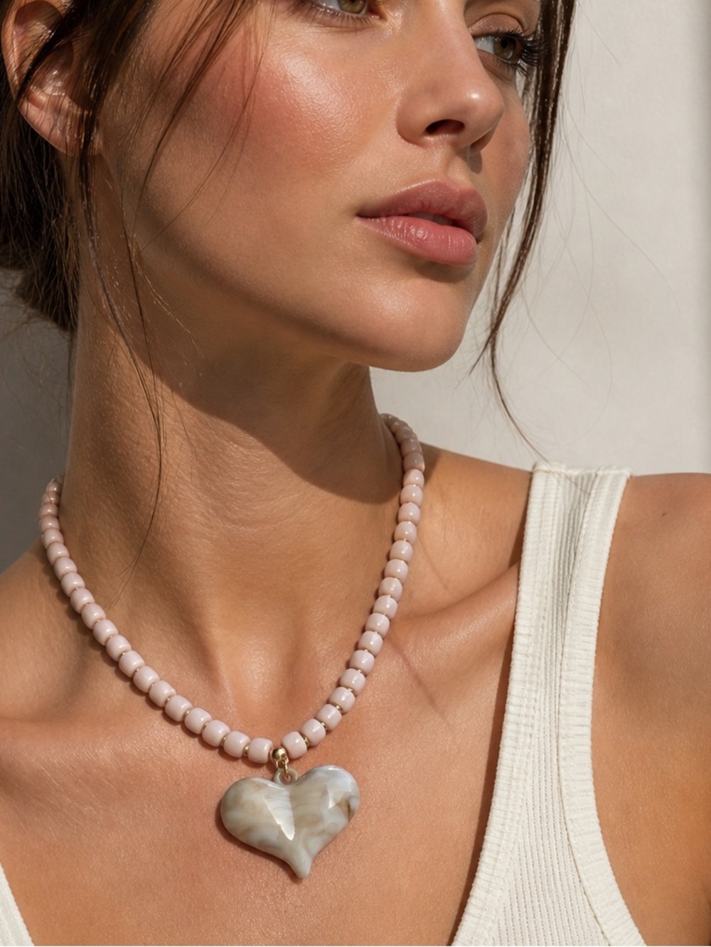 Cream Heart Pendant Beaded Necklace – Gold Tone Statement Necklace